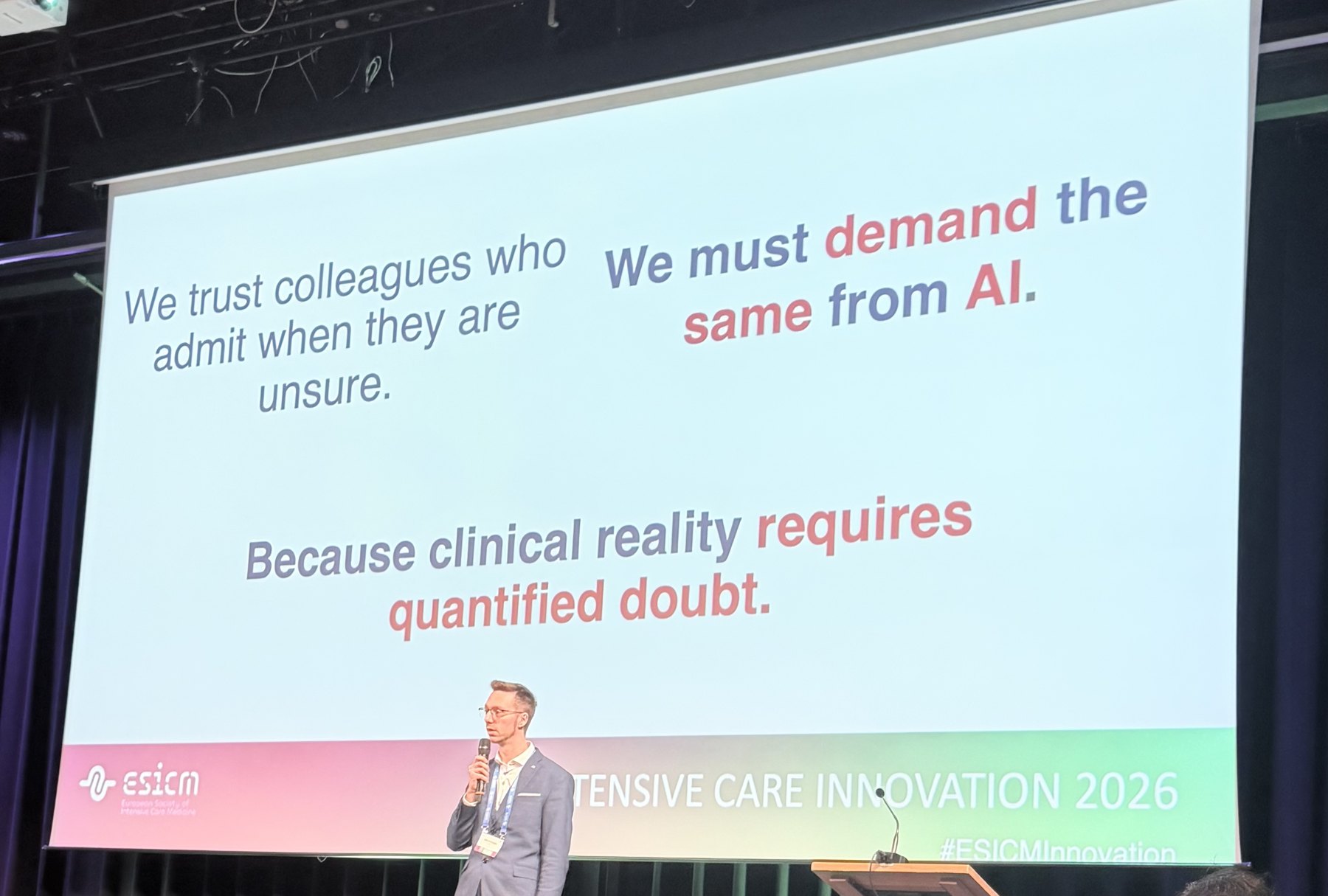 Talk slide at ESICM Intensive Care Innovation 2026 reading: we must demand the same from AI