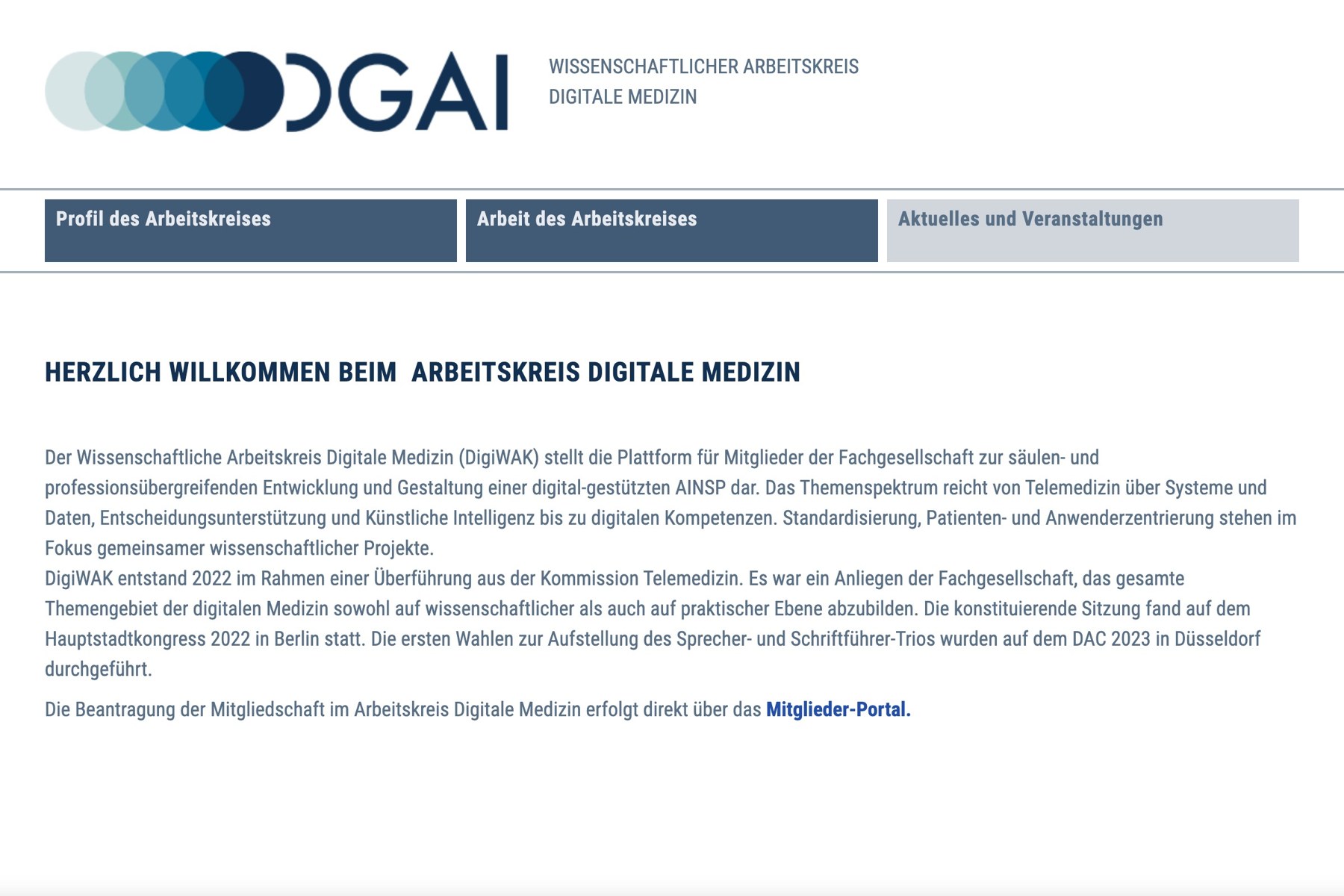 Header of the DGAI Wissenschaftlicher Arbeitskreis Digitale Medizin website