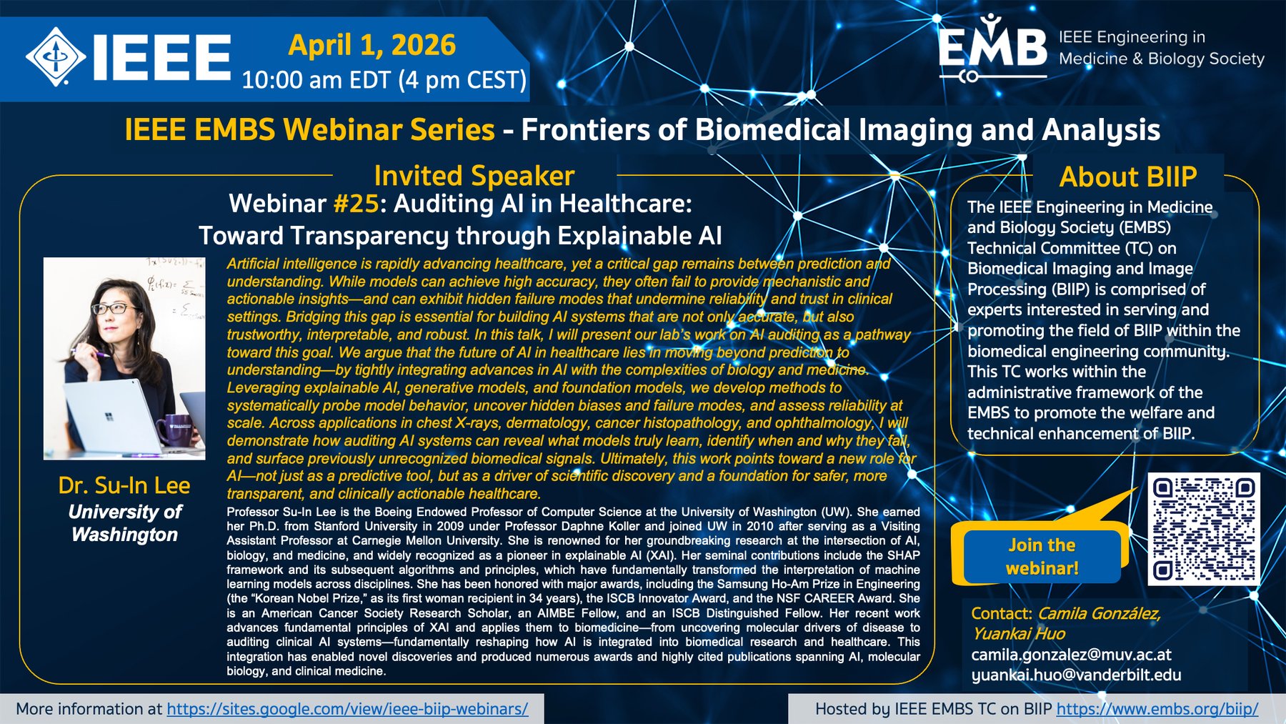 IEEE EMBS webinar poster featuring Su-In Lee