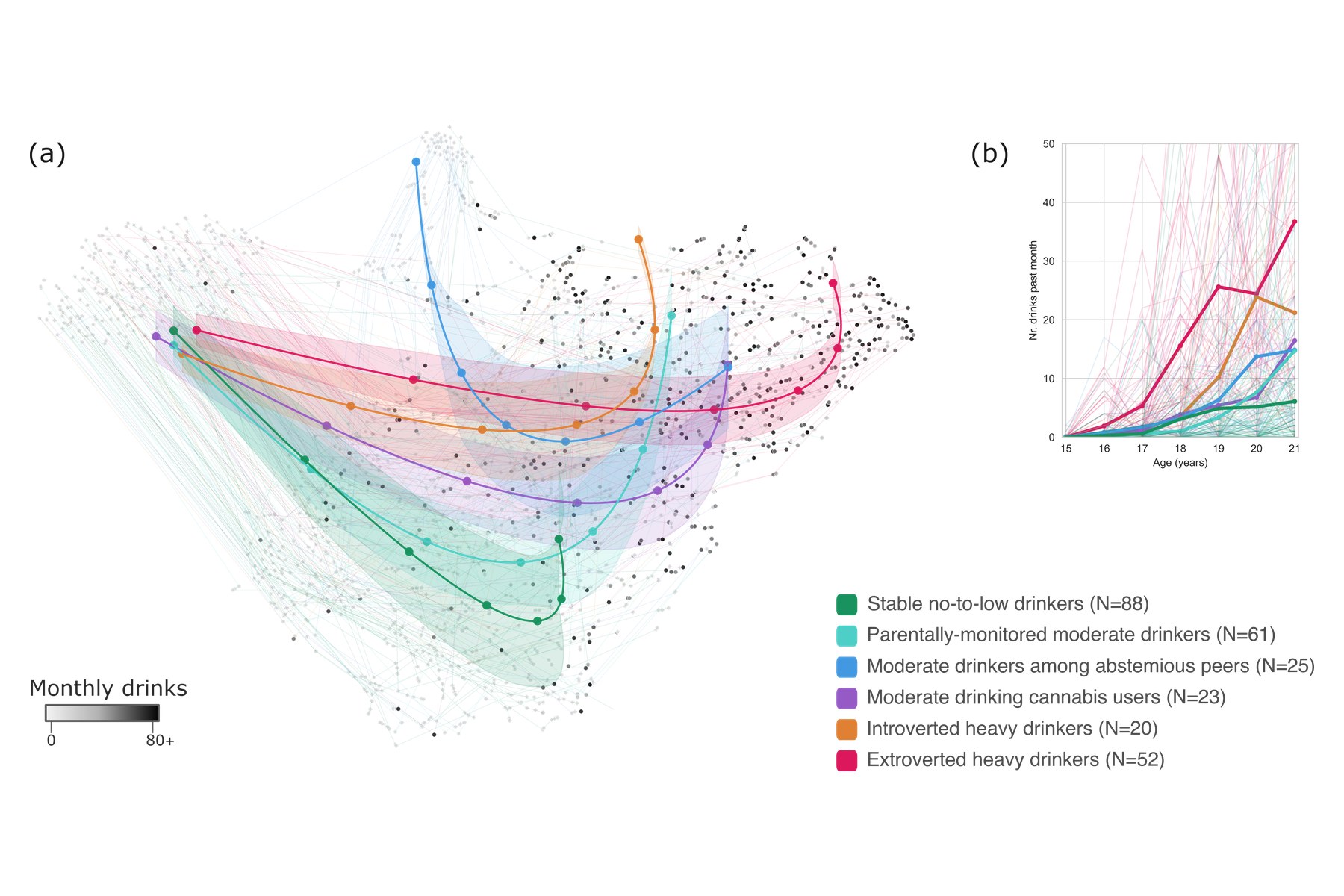 Two-dimensional map of adolescent trajectories coloured by the six drinking pathways